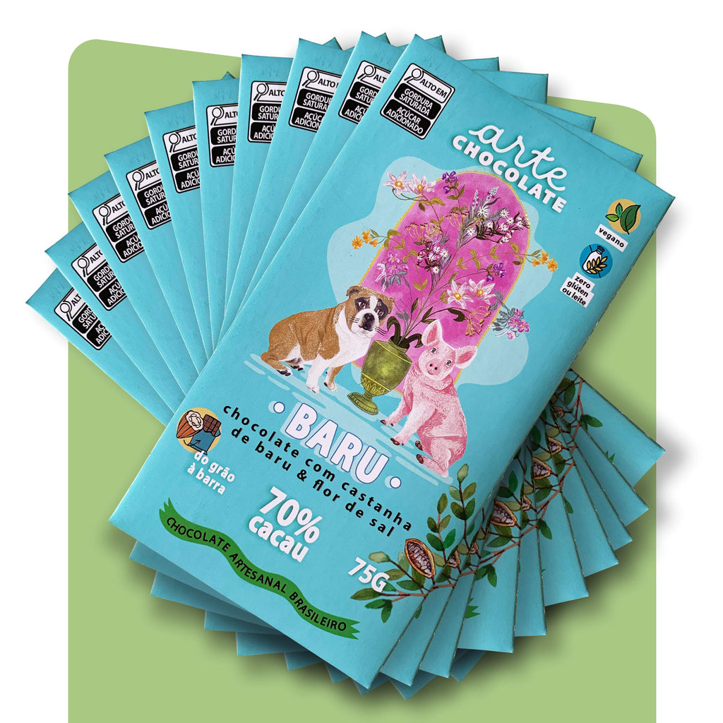 Chocolate 70% Cacau com Baru & Flor De Sal Coleção com 10 Barras 750g
