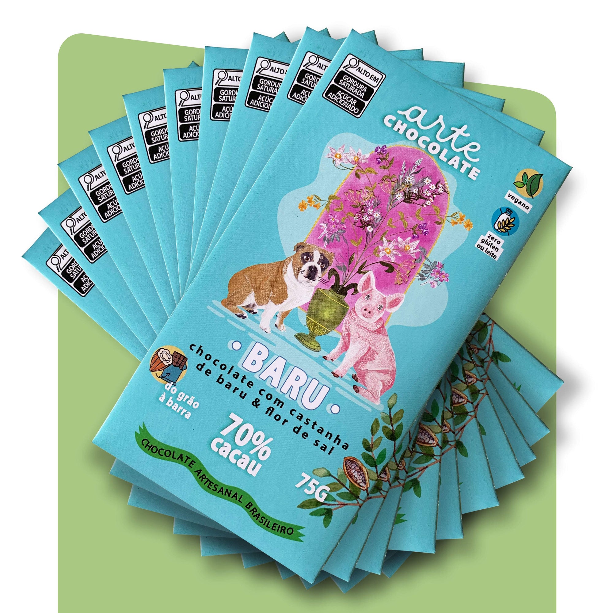 Chocolate 70% Cacau com Baru & Flor De Sal Coleção com 10 Barras 750g