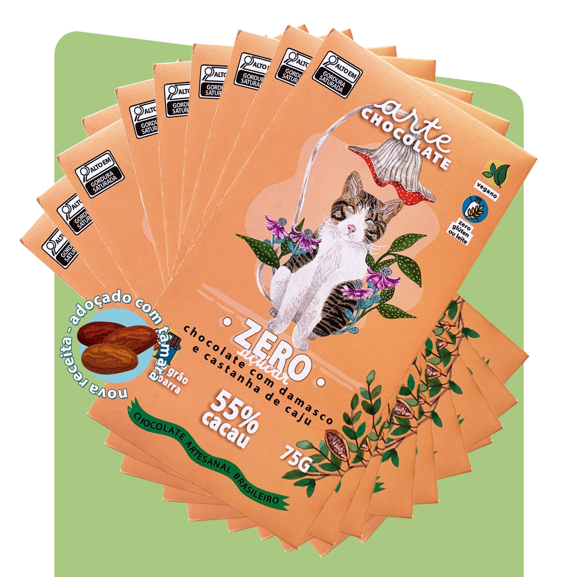 Chocolate 55% Cacau Zero Açúcar com Damasco e Cast. De Caju Coleção com 10 Barras 750g