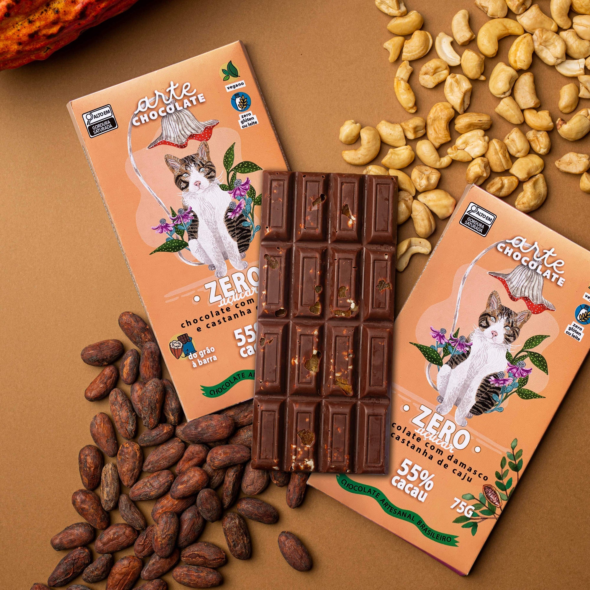 Chocolate 55% Cacau Zero Açúcar com Damasco e Cast. De Caju Coleção com 10 Barras 750g