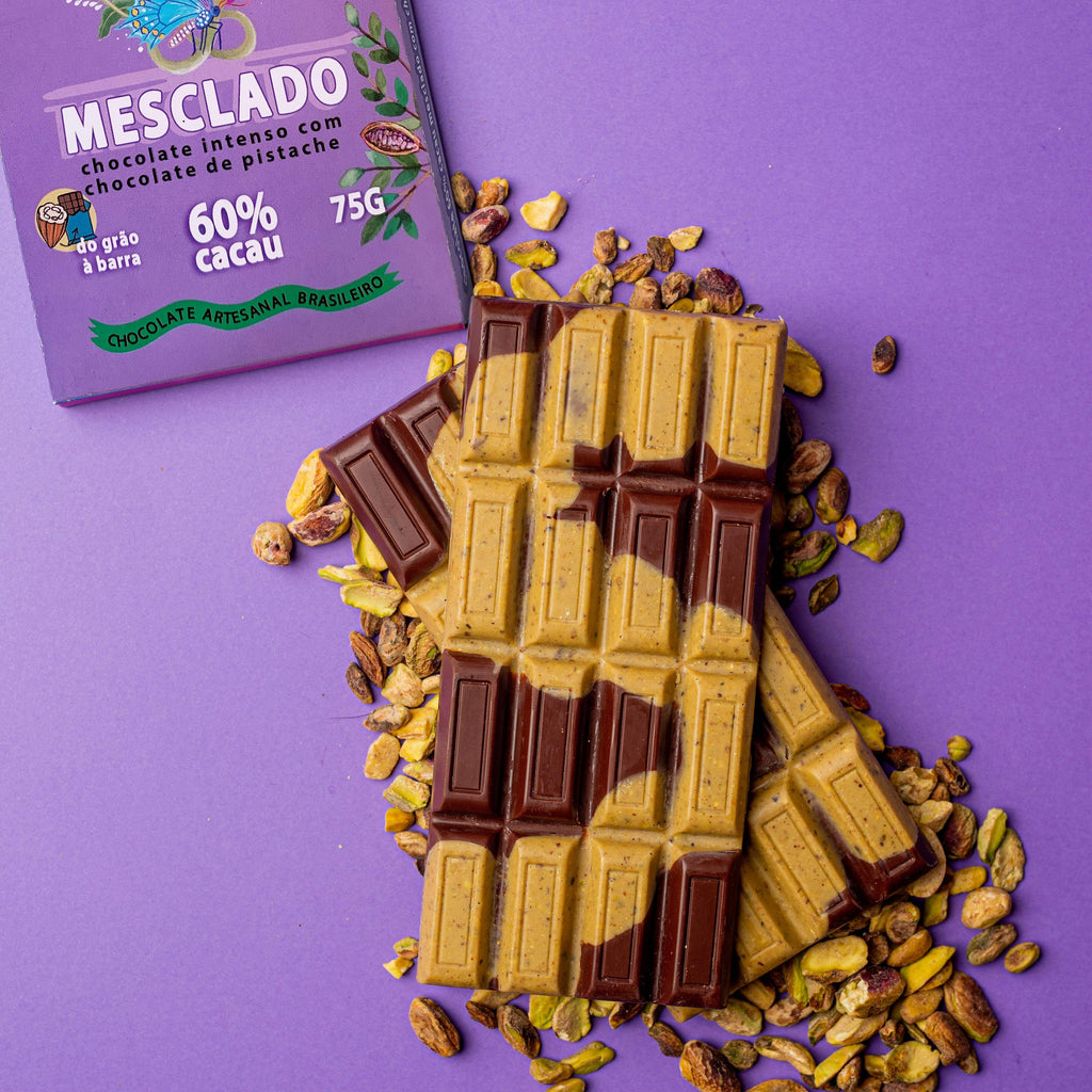 Barra de Chocolate 60% Cacau com Chocolate Branco de Pistache 75g