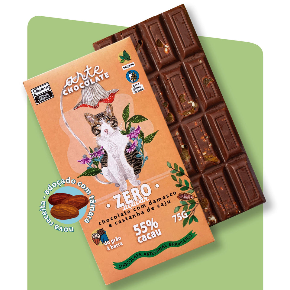 Barra de Chocolate 55% Cacau Zero Açúcar com Damasco e Castanha de Caju 75g
