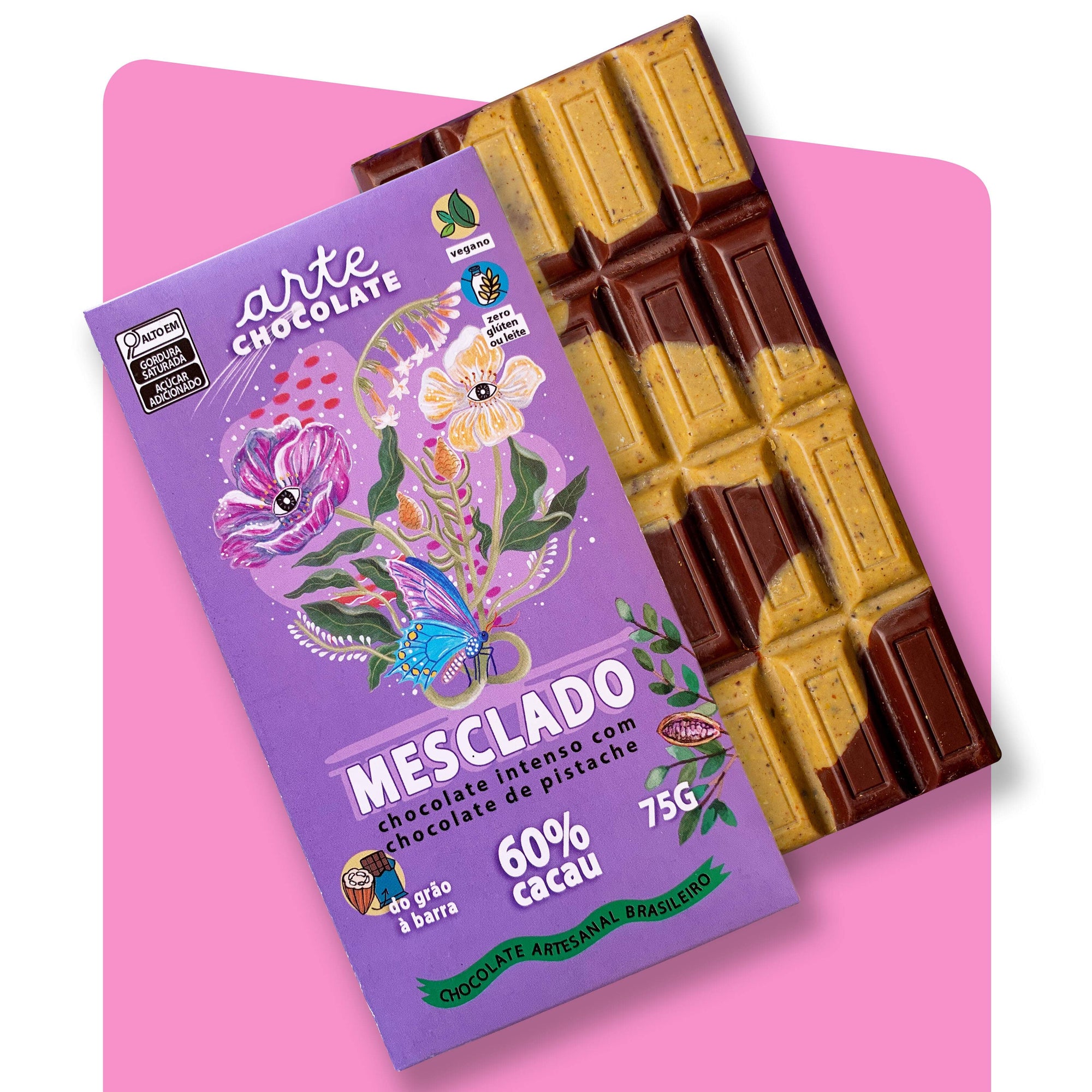 Barra de Chocolate 60% Cacau com Chocolate Branco de Pistache 75g