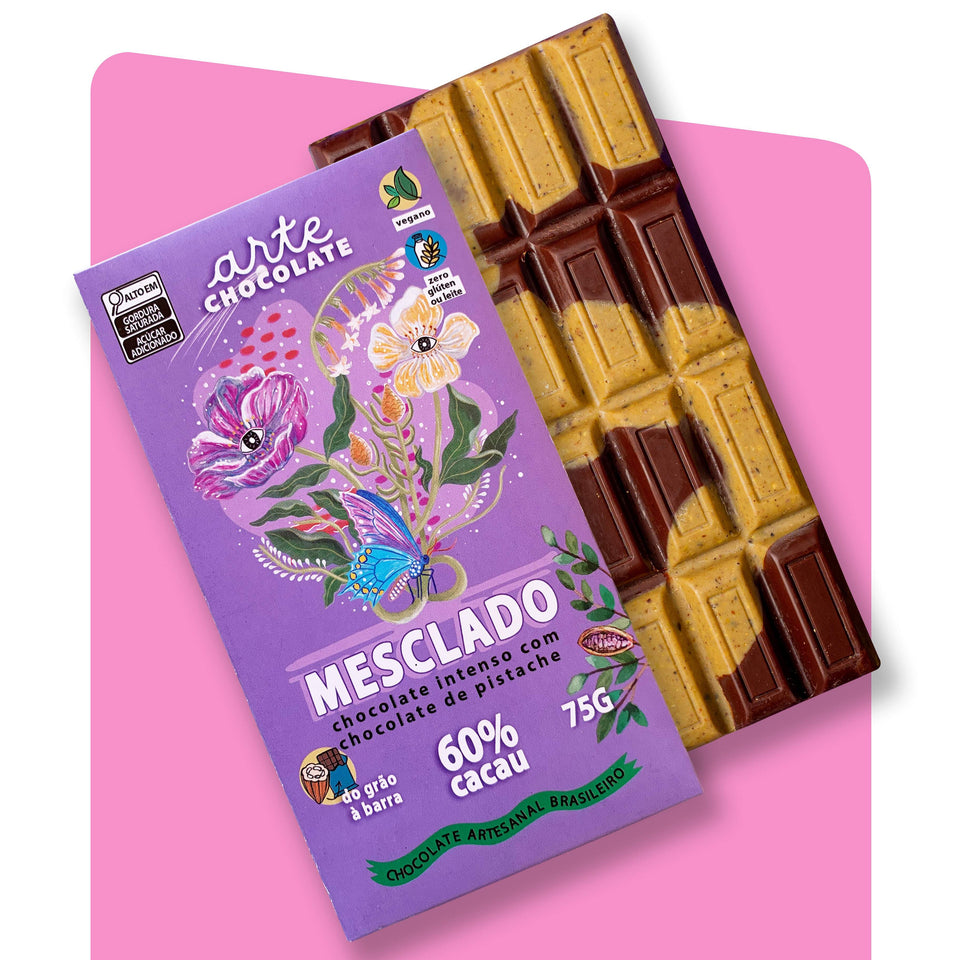 Barra de Chocolate 60% Cacau com Chocolate Branco de Pistache 75g