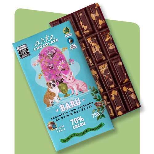 Barra de Chocolate 70% Cacau Orgânico com Castanha de Baru & Flor de Sal total 75g