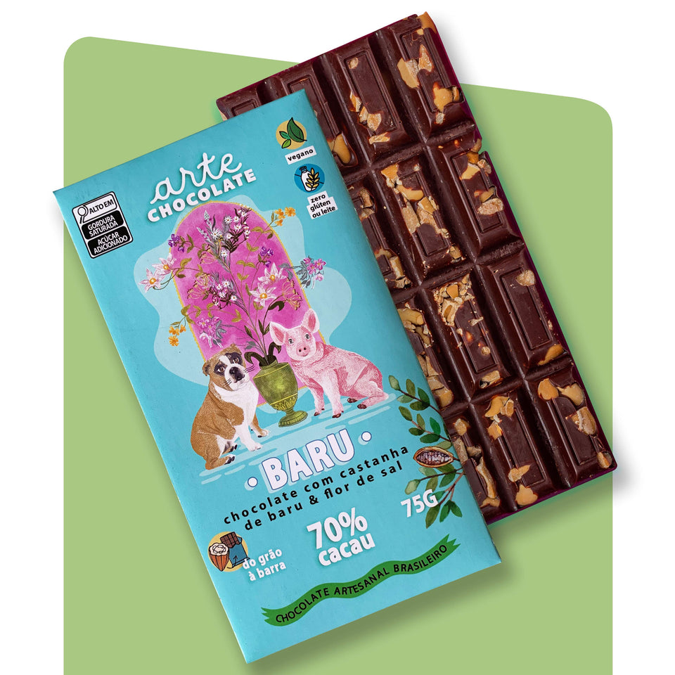 Barra de Chocolate 70% Cacau Orgânico com Castanha de Baru & Flor de Sal total 75g