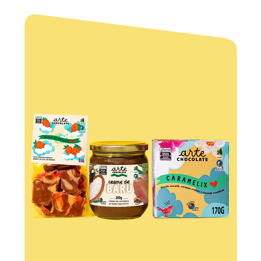 Coleção Trio dos Sonhos - Bombons Caramelix, Lascas de Chocolate Nuvem de Morango e Creme de Baru com Cacau