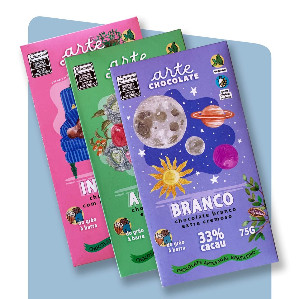 Coleção Sabores Clássicos - 3 Barras de Chocolate Branco, Ao Leite e 70% Cacau 225g