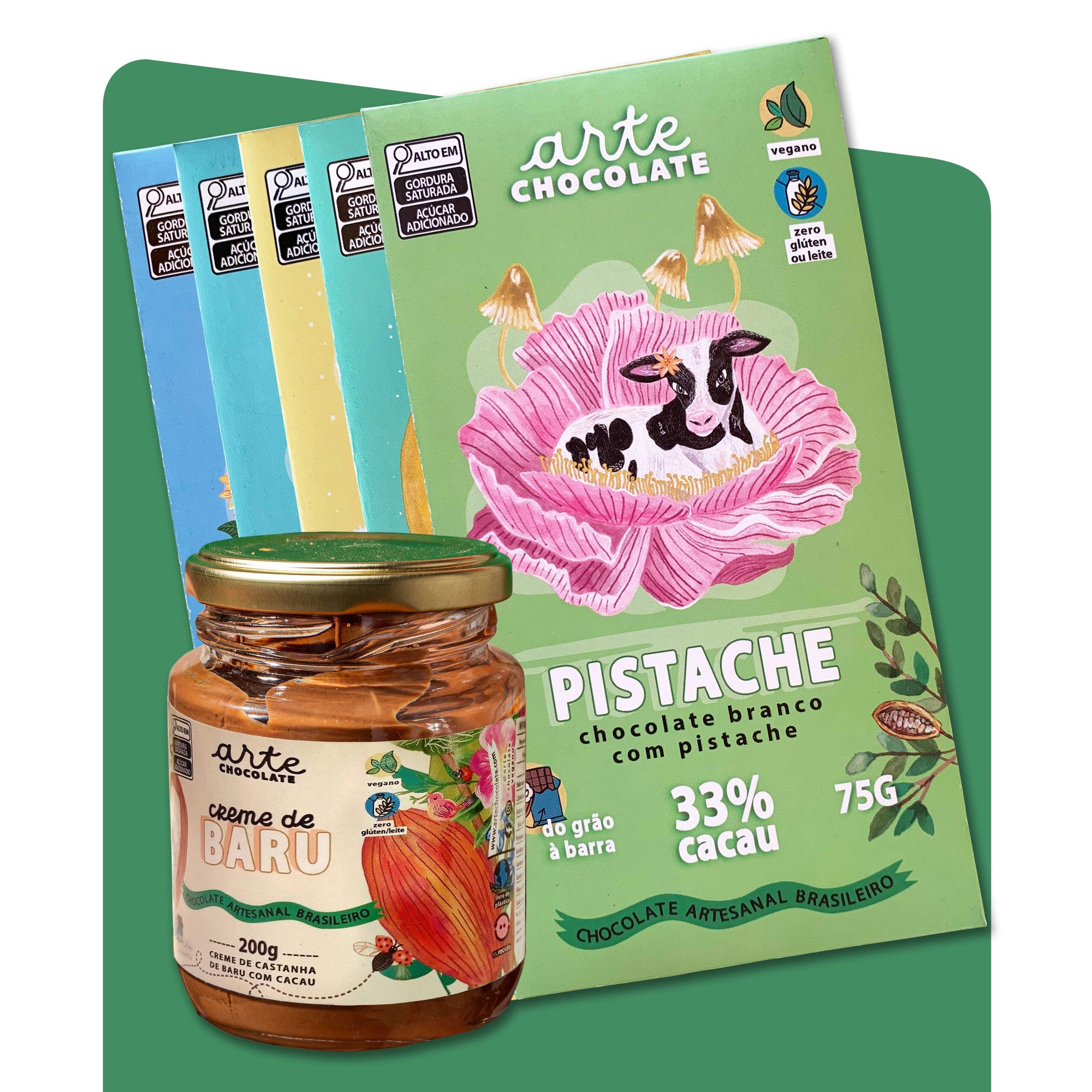 Coleção Felicidade Garantida - Creme de Baru com Cacau e Coleção Degustação com 5 Barras Mais Vendidas